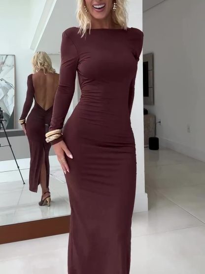 Brown Backless Long Sleeve Maxi Dress - Image 3