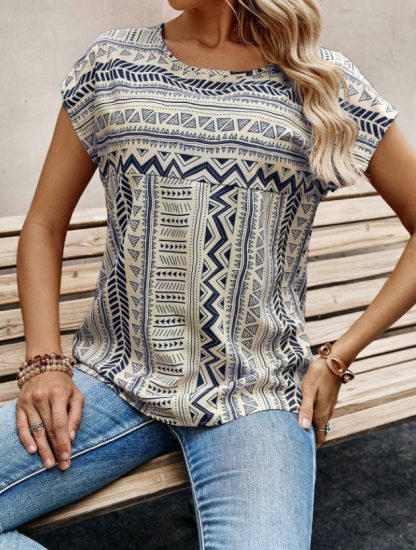 Women's Casual Geometric Print Batwing Sleeve Blouse - Image 6