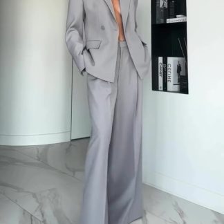 Gray Single-button Blazer & Wide-leg Pants Suit