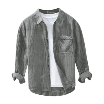 Pleated Lapel Long Linen Sleeves Retro Solid Color Casual Loose Youth Cotton Linen Shirt - Image 5