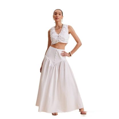 French White Stitching Clinch High Waist Dress - Image 4