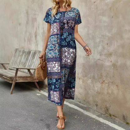 Long Printed Short Sleeve Round Neck Dress - Image 3