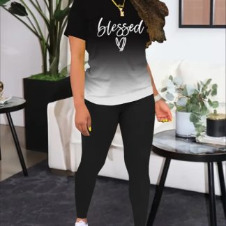 Women's Alphabet Printed Round Neck T-Shirt And Leggings Set