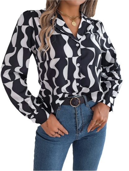 Commuting Elegant Contrast Color Striped Suit Collar Long Sleeve Shirt - Image 5