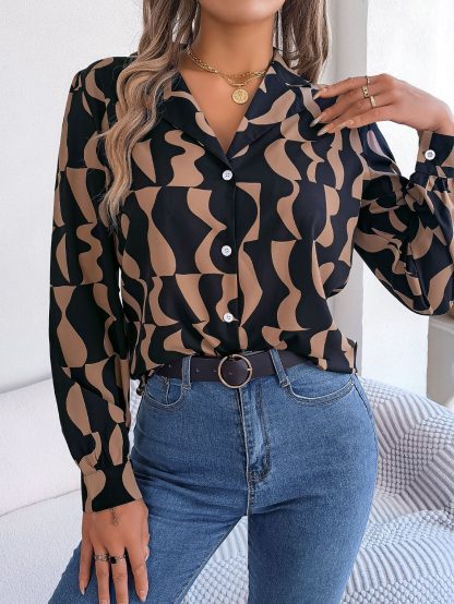 Commuting Elegant Contrast Color Striped Suit Collar Long Sleeve Shirt - Image 4