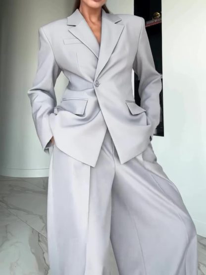 Gray Single-button Blazer & Wide-leg Pants Suit - Image 3