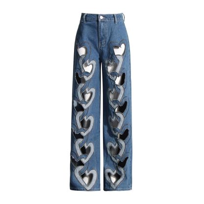 High Waist Hollowed Heart Shape Wide Leg Jeans - Image 3