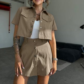 Retro Lapels Short-sleeved Top Double Layer High-waisted Trousers Skirt Two-piece Set