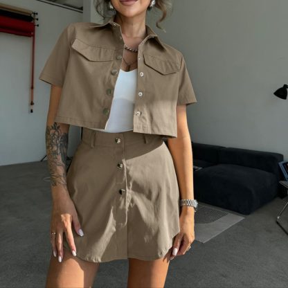 Retro Lapels Short-sleeved Top Double Layer High-waisted Trousers Skirt Two-piece Set