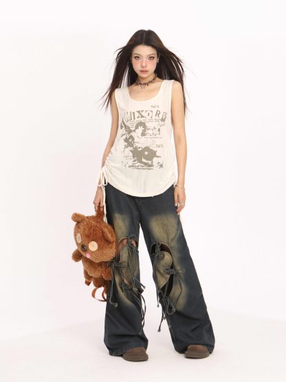 Ripped Love Lace-up Jeans Women's High Waist Straight Wide Leg Pants - Image 3