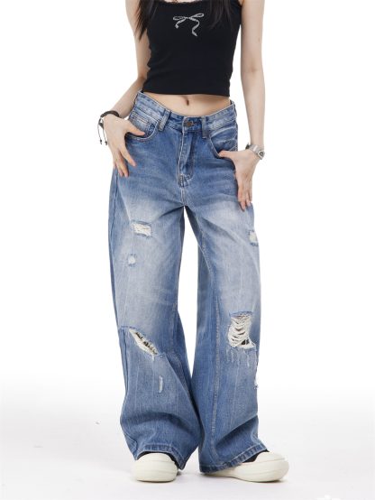 Women's Ripped Washed Blue Jeans - Image 2