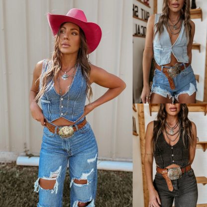 Women's Sleeveless Single-breasted V-neck Denim Vest - Image 2