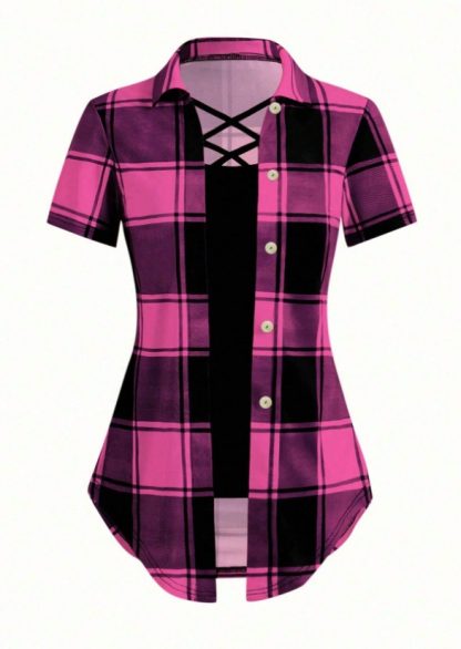 Unity AB Splicing Collar Turn-D2 In 1 Plaid Short-Sleeved T-Shirt - Image 3