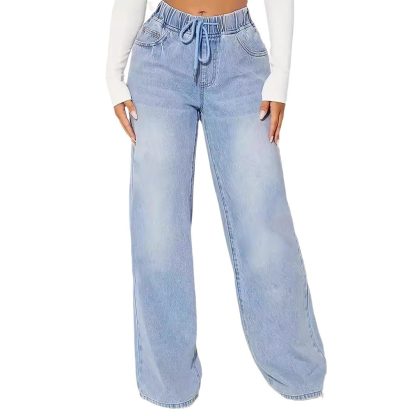 High Waist Drawstring Loose Wide Leg Light Blue Jeans - Image 5