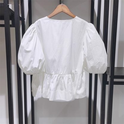 Women's Sweet Round Neck Lace-up Bow Tie Puff Sleeve Solid Color Shirt - Image 4
