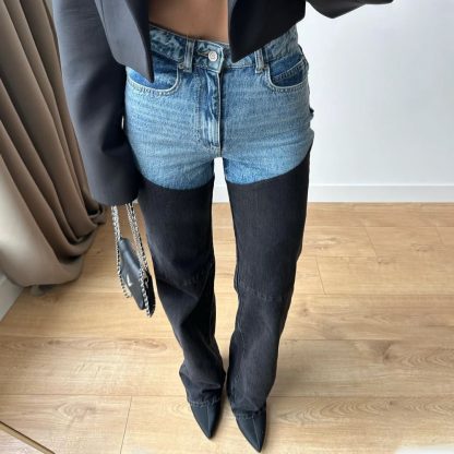 Spring Leisure Color Contrast Patchwork Straight Women's Worn Jeans - Image 2