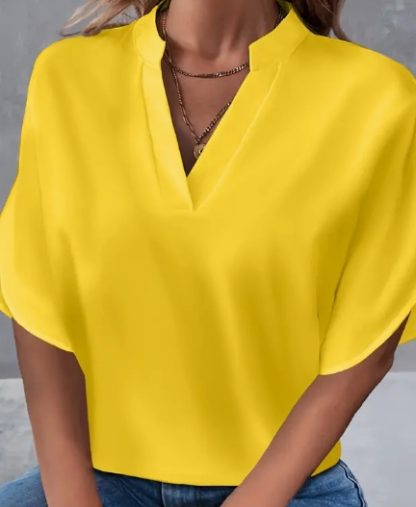 Lightweight Solid Color Notch Neck Blouse - Stylish Short Split Sleeves For Spring & Summer - Trendy Womens Casual Top - Image 3