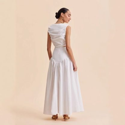 French White Stitching Clinch High Waist Dress - Image 2