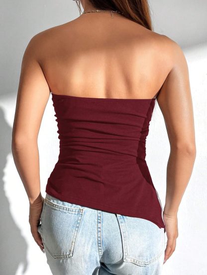 Women Solid Color Ruched Side Slit Hem Bandeau Cami Top - Image 4