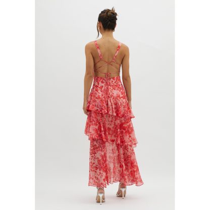 Women's Spaghetti-strap Floral Print Backless Multi-layer V-neck Dress - Image 3