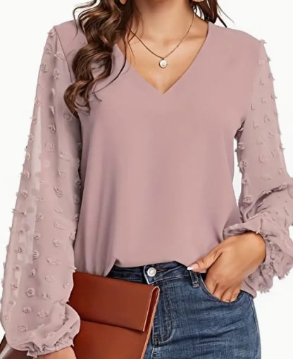 Swiss Dot V Neck Shirt - Soft, Breathable, Casual Solid Shirt For Spring And Fall Season, Women's Clothing With Relaxed Fit And Classic Style - Image 3