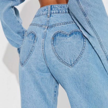 Straight Slimming Trousers Love Pocket High Waist Loose Jeans - Image 5