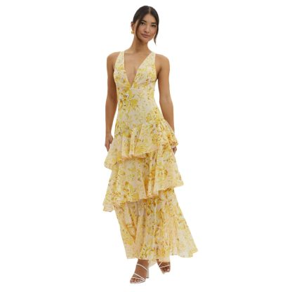 Women's Spaghetti-strap Floral Print Backless Multi-layer V-neck Dress - Image 5