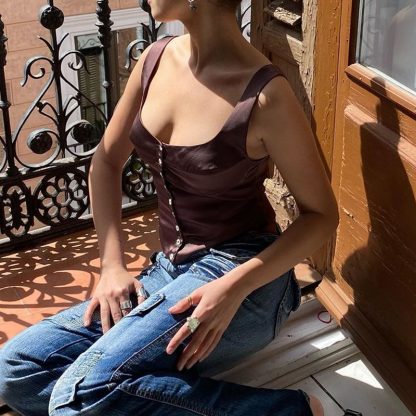Woman Square-neck Small Slip Top Button Backless Sleeveless Vest - Image 4