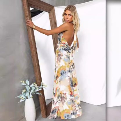 Printed Tied V-neck Waist-tight A- Line Dress - Image 4