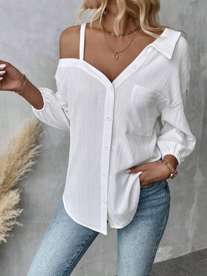 Fall Solid Color White Asymmetric Collar Dropped Shoulder Loose Casual Blouse Spring And Summer New Fashion Street Style Casual Asymmetrical Shoulder Shirt - Image 4