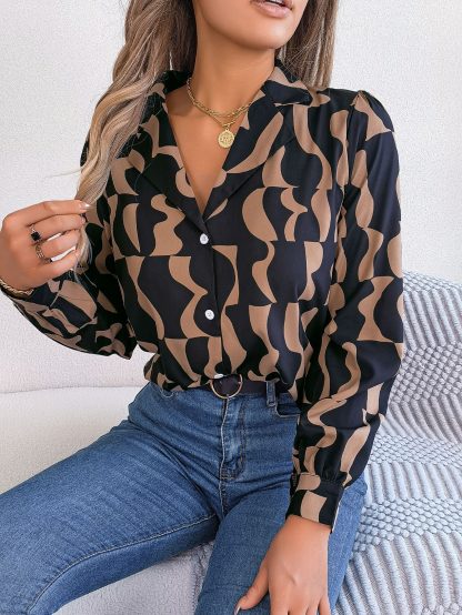 Commuting Elegant Contrast Color Striped Suit Collar Long Sleeve Shirt - Image 3