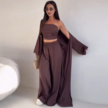 Casual Mid-calf Top Vest Long Cardigan Wide-leg Pants Three-piece Set - Image 3