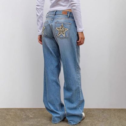 Retro Street Leopard Print XINGX Patchwork Stitching Straight Jeans - Image 4