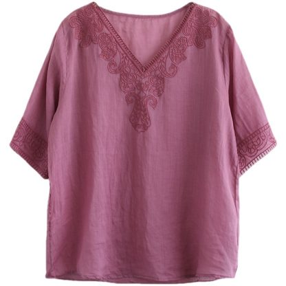 Women's Fashion Retro Cotton And Linen Embroidered V-neck Short-sleeved T-shirt - Image 2