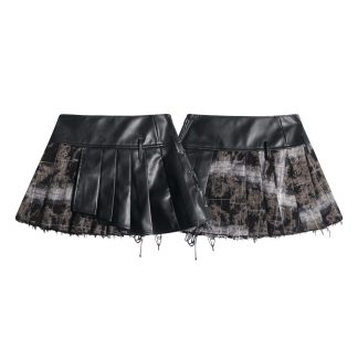 Fashion Leather Stitching Pleated Skirt Women