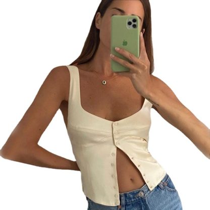 Woman Square-neck Small Slip Top Button Backless Sleeveless Vest - Image 5