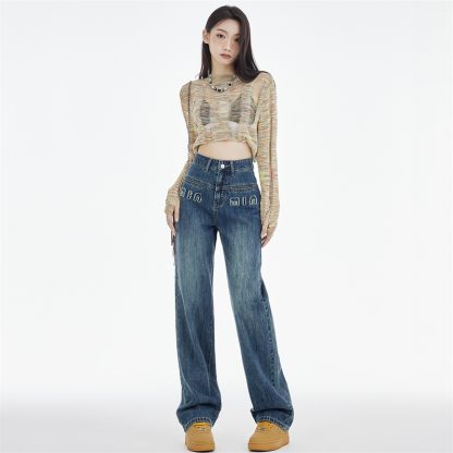 Women's Straight Jeans Dark Blue Embroidered Letters - Image 5