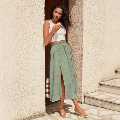 Split High Waist Elastic Waist Long Holiday Skirt - Image 3