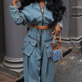 Retro Zipper Jacket & Wide-leg Jeans Two-piece Set