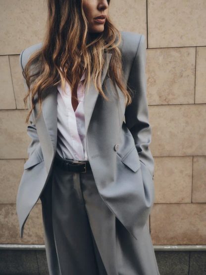 Gray Single-button Blazer & Wide-leg Pants Suit - Image 7