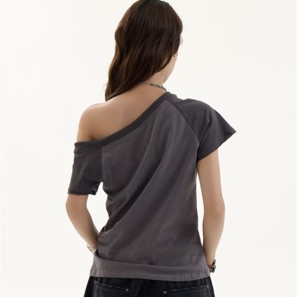 Female American Retro Spicy Girl Letter Slanted Shoulder Short Sleeved Shirt - Image 4