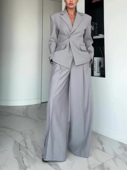 Gray Single-button Blazer & Wide-leg Pants Suit - Image 2