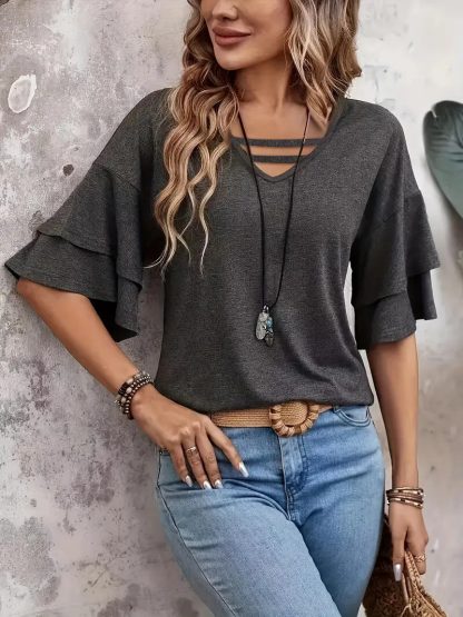 Women's V-neck Flounce Fashion T-shirt - Image 6