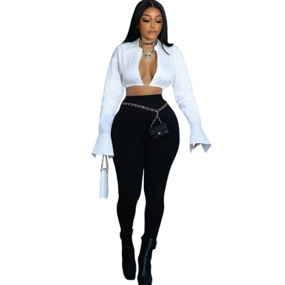 Short Cardigan Waist-tight Solid Color Lapel Long Sleeve Shirt - Image 5