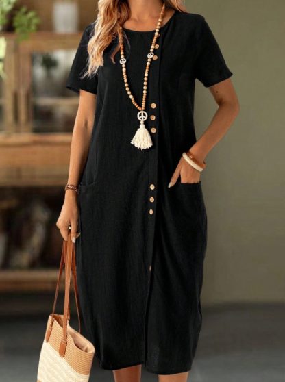 Women's Solid Color Button Front Short Sleeve Pocket Casual Dress - Image 2