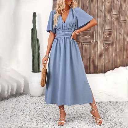Women's Ruffle Sleeve Split Elastic Waist Polyester Dress - Image 5