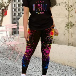 Women's Alphabet Printed Round Neck T-Shirt And Leggings Set