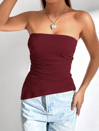 Women Solid Color Ruched Side Slit Hem Bandeau Cami Top - Image 5