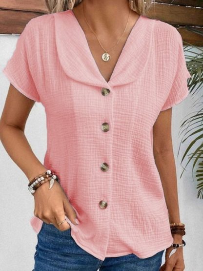 Summer Solid Color Fashion Short-sleeved Cardigan Button Women's Top - Image 7