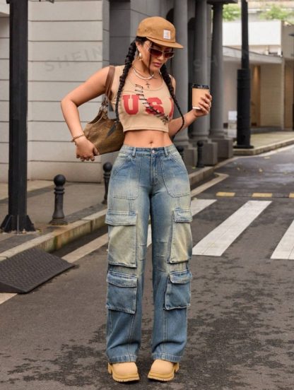 Retro Nostalgic Washed Multi-pocket Cargo Pants Straight Jeans - Image 3